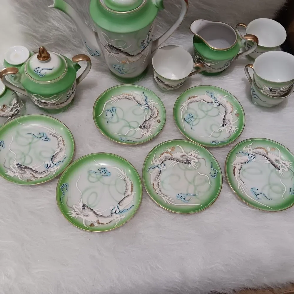 Vintage Hand Decorated Japan Green Moriage Dragon tea set